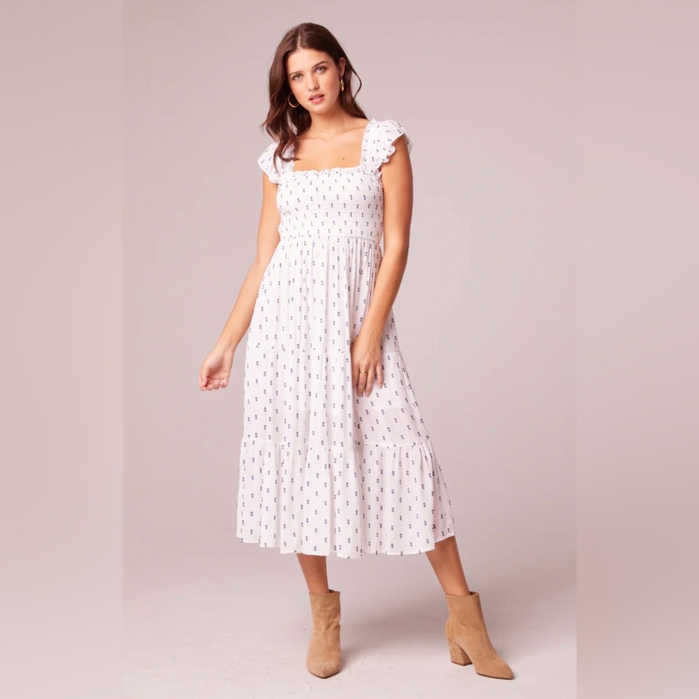 EUC B. O. G.  SOUNDS OF SILENCE WHITE AND NAVY DOT SMOCKED MIDI DRESS